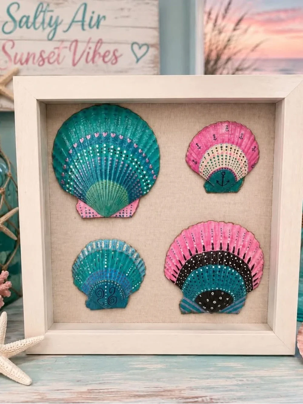 Hand Painted Framed Coastal Shell Art in Teal and Pink